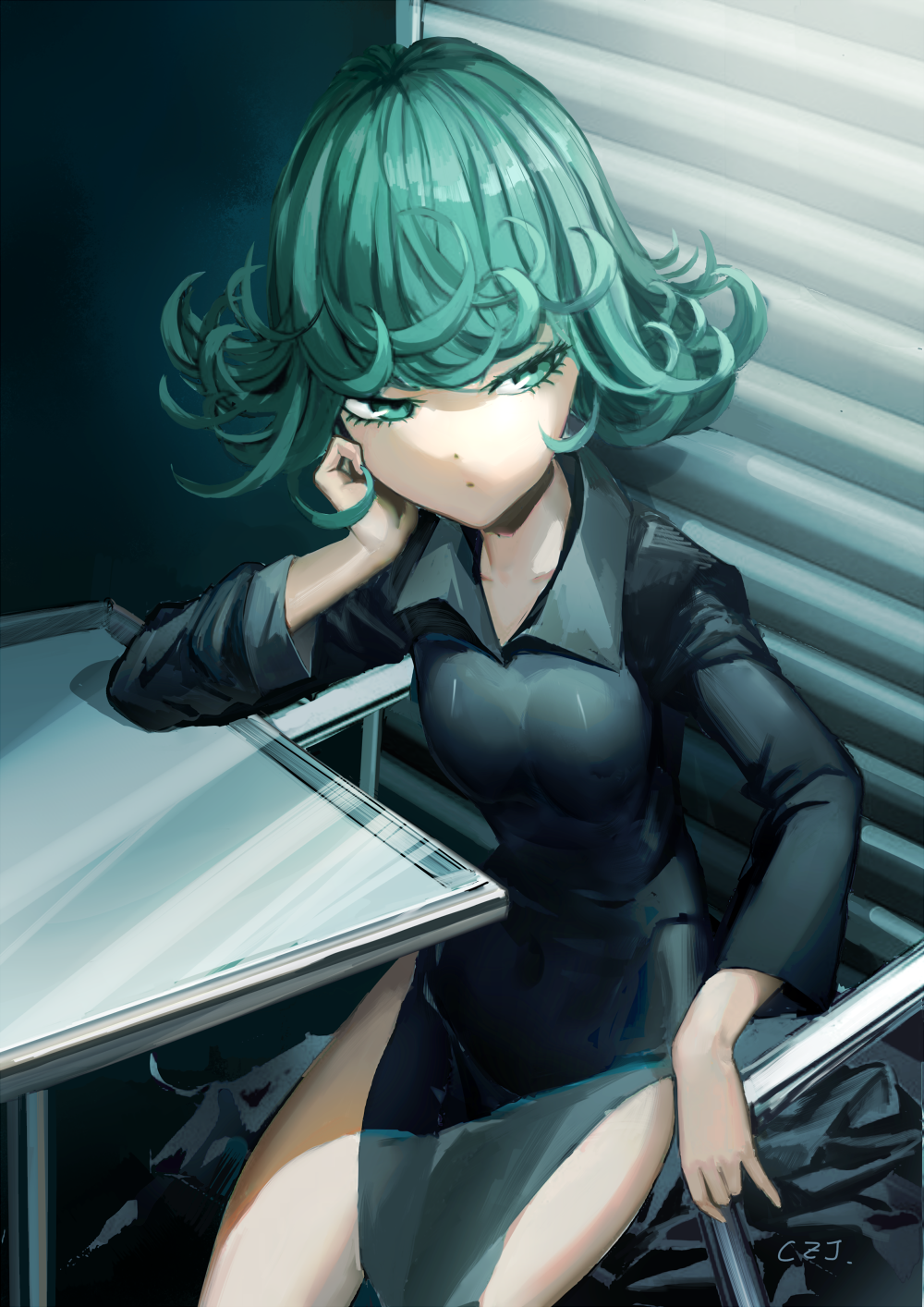 1girl, black_dress, canzhajiang, curly_hair, dress, female_focus, green_eyes, green_hair, hand_on_own_cheek, hand_on_own_face, highres, matching_hair/eyes, one-punch_man, short_hair, sitting, solo, tatsumaki
