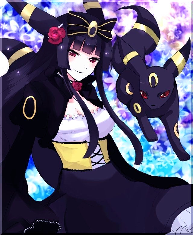 1girl, bad_id, bad_pixiv_id, black_hair, bow, creature_and_personification, flower, gen_2_pokemon