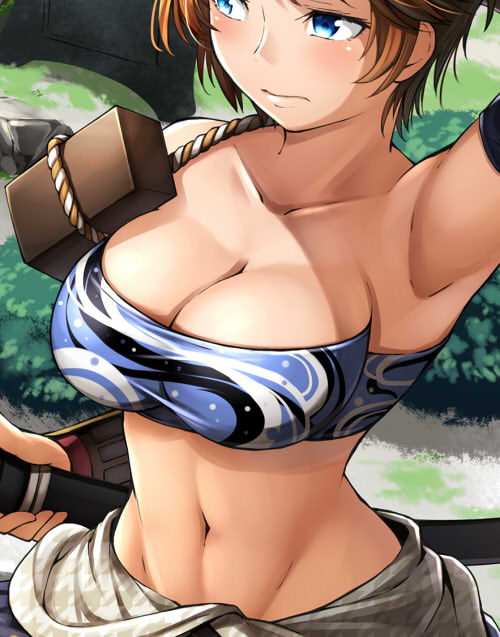 1girl, armpits, bad_id, bad_pixiv_id, blue_eyes, breasts, brown_hair, cleavage