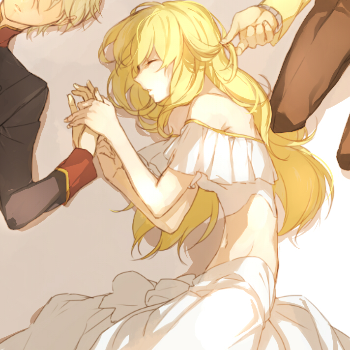 10s, 1girl, 2boys, aldnoah.zero, asseylum_vers_allusia, bare_shoulders, blonde_hair, holding_hands