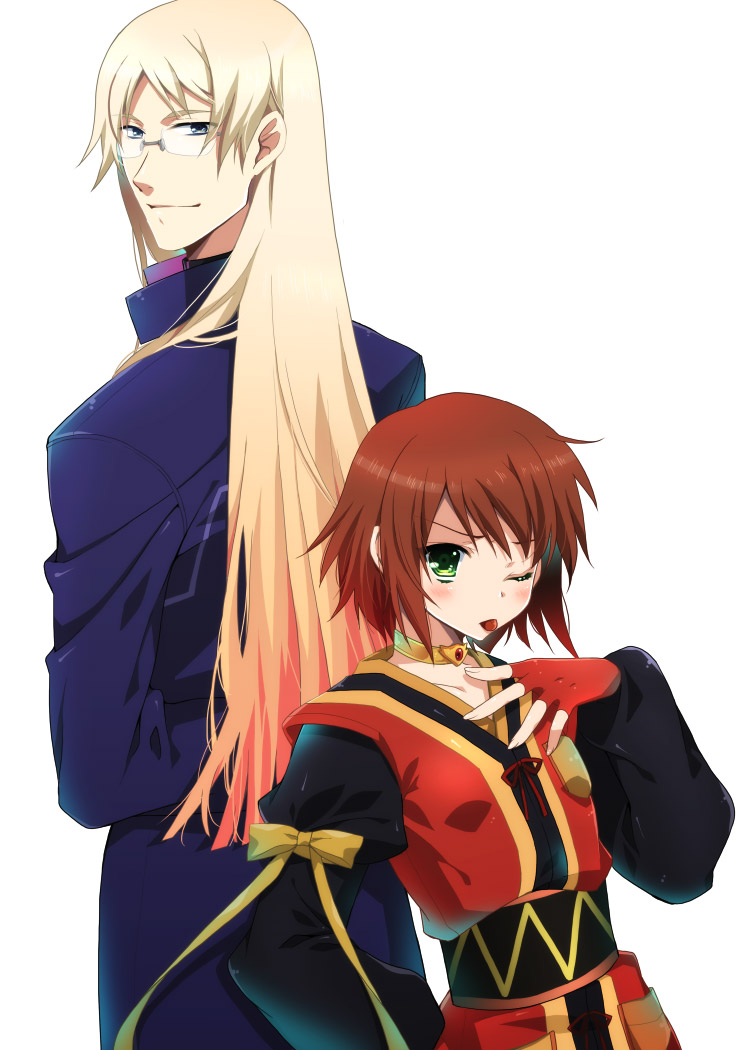 00s, 1boy, 1girl, back-to-back, blonde_hair, blue_eyes, blush, bow