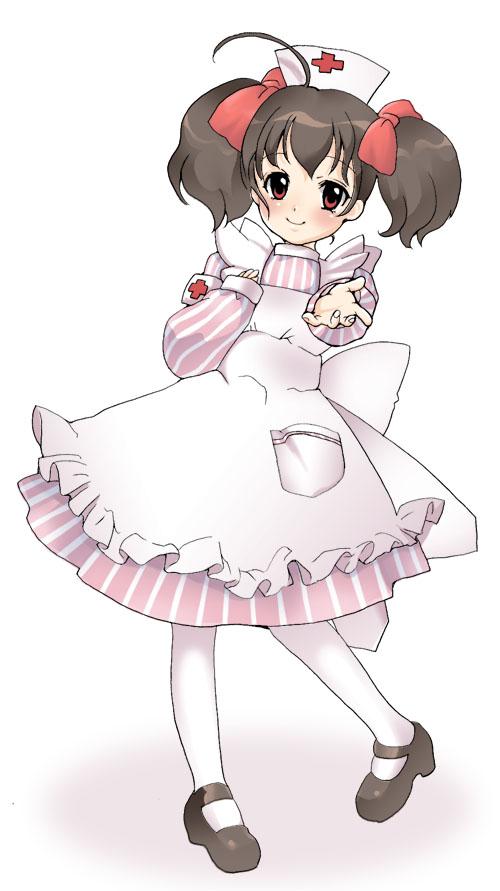 1girl, cross, cross_print, dress, female_focus, full_body, hat, head_tilt, long_sleeves, looking_at_viewer, mary_janes, mayumi, nurse, nurse_cap, original, pantyhose, pink_dress, pocket, shoes, simple_background, solo, standing, white_background, white_pantyhose