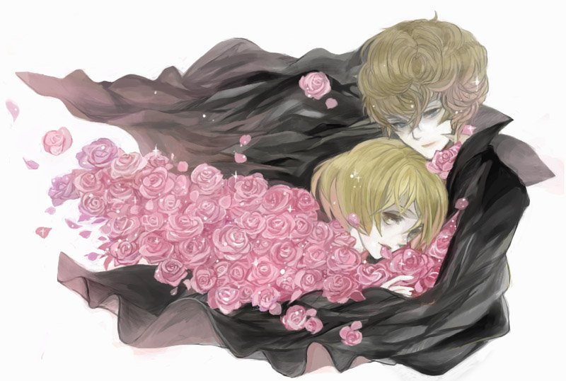 2boys, allan_twilight, androgynous, blonde_hair, bob_cut, brown_hair, cape, curly_hair, edgar_portsnell, flower, gurunyanya, hair_between_eyes, mouth_hold, multiple_boys, petals, pink_rose, poe_no_ichizoku, rose, rose_petals, short_hair, white_background