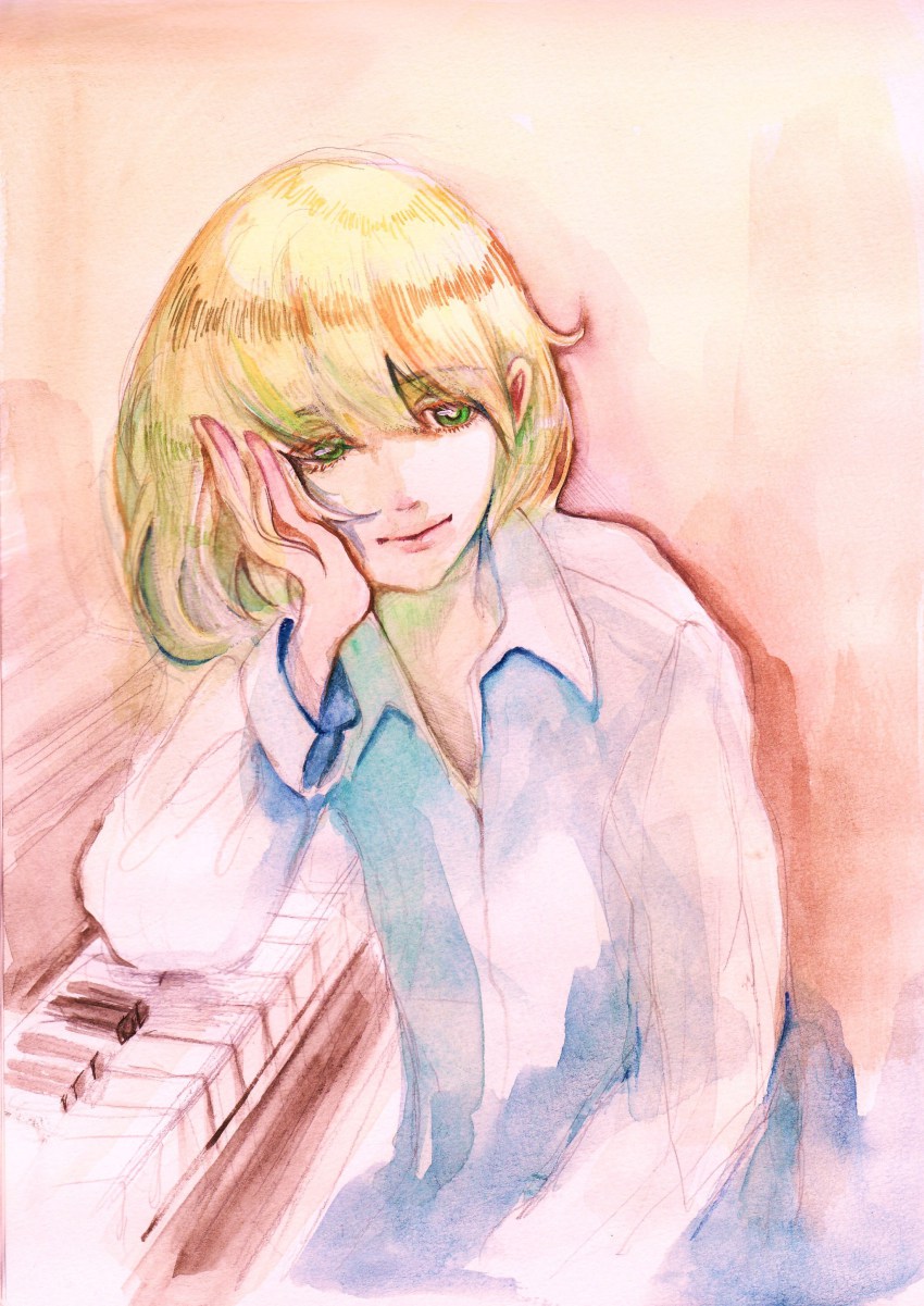 1boy, absurdres, allan_twilight, androgynous, anmonaito, blonde_hair, bob_cut, graphite_(medium), green_eyes, head_rest, highres, instrument, long_sleeves, male_focus, painting_(medium), piano, poe_no_ichizoku, portrait, puffy_long_sleeves, puffy_sleeves, short_hair, solo, traditional_media, watercolor_(medium)