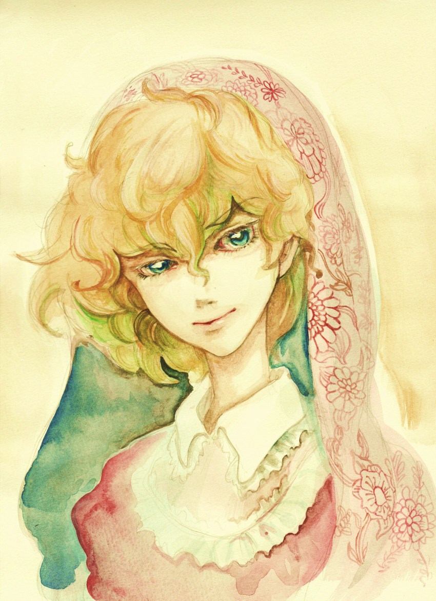 1boy, absurdres, androgynous, anmonaito, blonde_hair, blue_eyes, colored_eyelashes, curly_hair, edgar_portsnell, floral_print, graphite_(medium), highres, looking_at_viewer, male_focus, painting_(medium), poe_no_ichizoku, portrait, short_hair, solo, traditional_media, veil, watercolor_(medium)