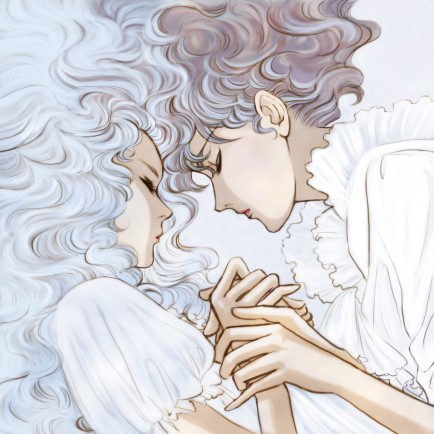 1boy, 1girl, alternate_hair_color, brother_and_sister, brown_hair, chibigou, edgar_portsnell, closed_eyes, floating_hair, from_side, holding_hands, hetero, highres, long_hair, lying, marybell_portsnell, on_side, poe_no_ichizoku, profile, puffy_short_sleeves, puffy_sleeves, short_sleeves, siblings, silver_hair, wavy_hair