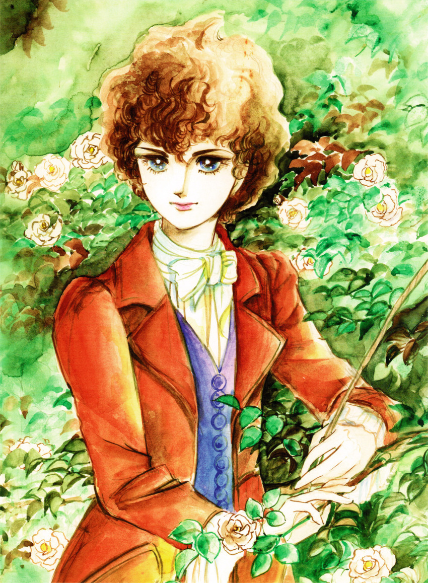 1970s_(style), 1boy, blue_eyes, brown_hair, curly_hair, edgar_portsnell, eyelashes, flower, formal_clothes, hagio_moto, highres, leaf, long_coat, male_focus, official_art, oldschool, painting_(medium), poe_no_ichizoku, retro_artstyle, rose, short_hair, solo, traditional_media, vest, victorian, watercolor_(medium), white_flower, white_rose