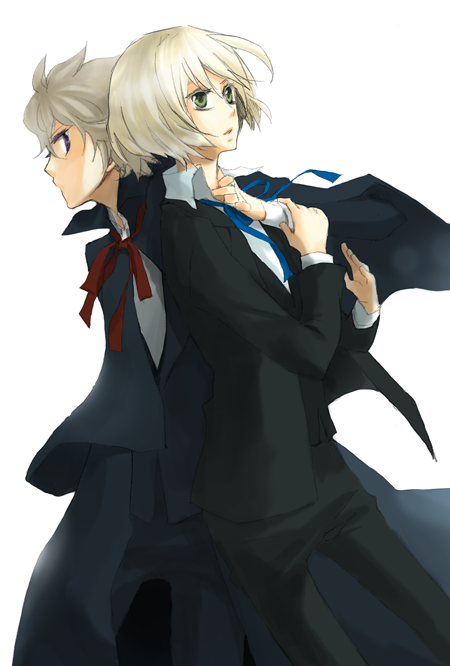 2boys, allan_twilight, blonde_hair, blue_ribbon, bob_cut, brown_hair, cape, edgar_portsnell