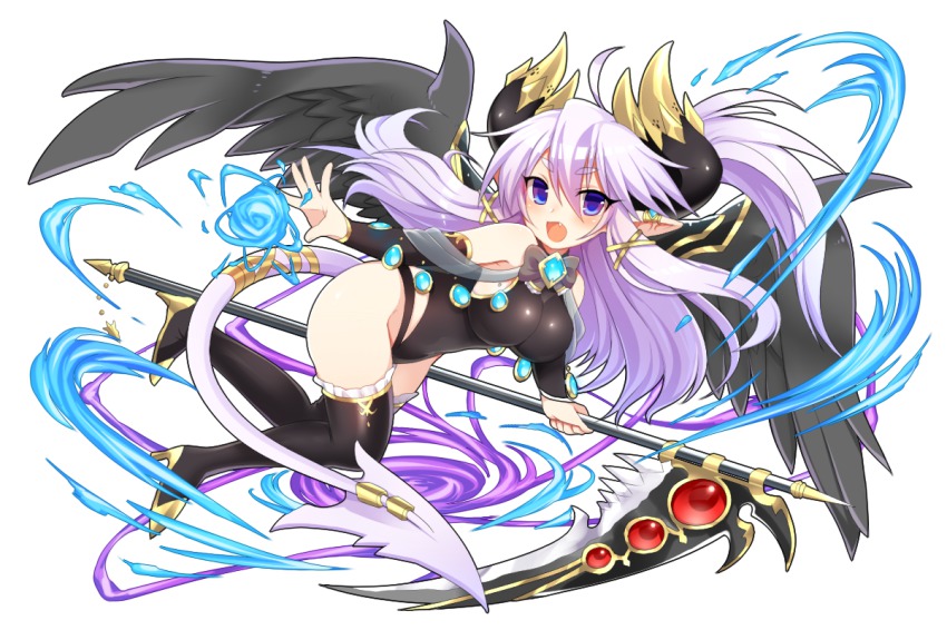 1girl, black_wings, blush, boots, breasts, demon_horns, demon_tail, detached_sleeves