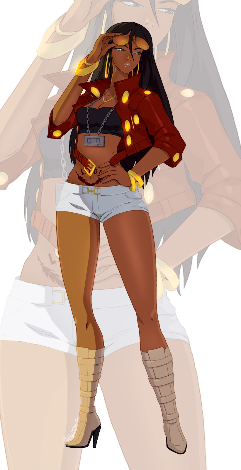 1girl, black_hair, boots, bracelet, crop_top, cropped_jacket, dark_skin, dark-skinned_female
