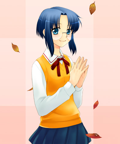00s, 1girl, blue_eyes, blue_hair, ciel_(tsukihime), female_focus, glasses, leaf