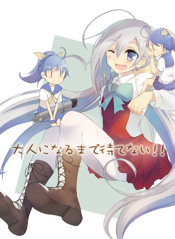 10s, 25mm_twin_autocannon_mount, 3girls, 61cm_quadruple_(oxygen)_torpedo_mount, :d, ;d, ahoge, blue_hair