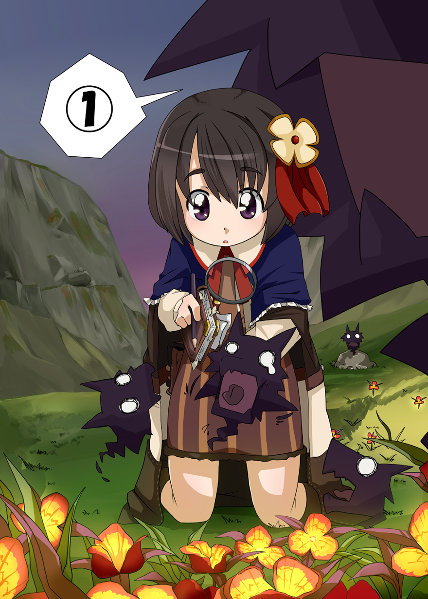 1girl, 7th_dragon, 7th_dragon_(series), :o, book, brown_socks, capelet, empty_eyes, fero_(7th_dragon), field, floro_(7th_dragon), flower, flower_field, frills, full_body, grass, hair_ornament, hairpin, heropin, highres, impending_doom, kneehighs, kneeling, looking_down, magnifying_glass, monster, mountain, o_o, outdoors, parted_lips, pencil, plant, purple_eyes, short_hair, socks, speech_bubble, sterndorf, striped, wide-eyed