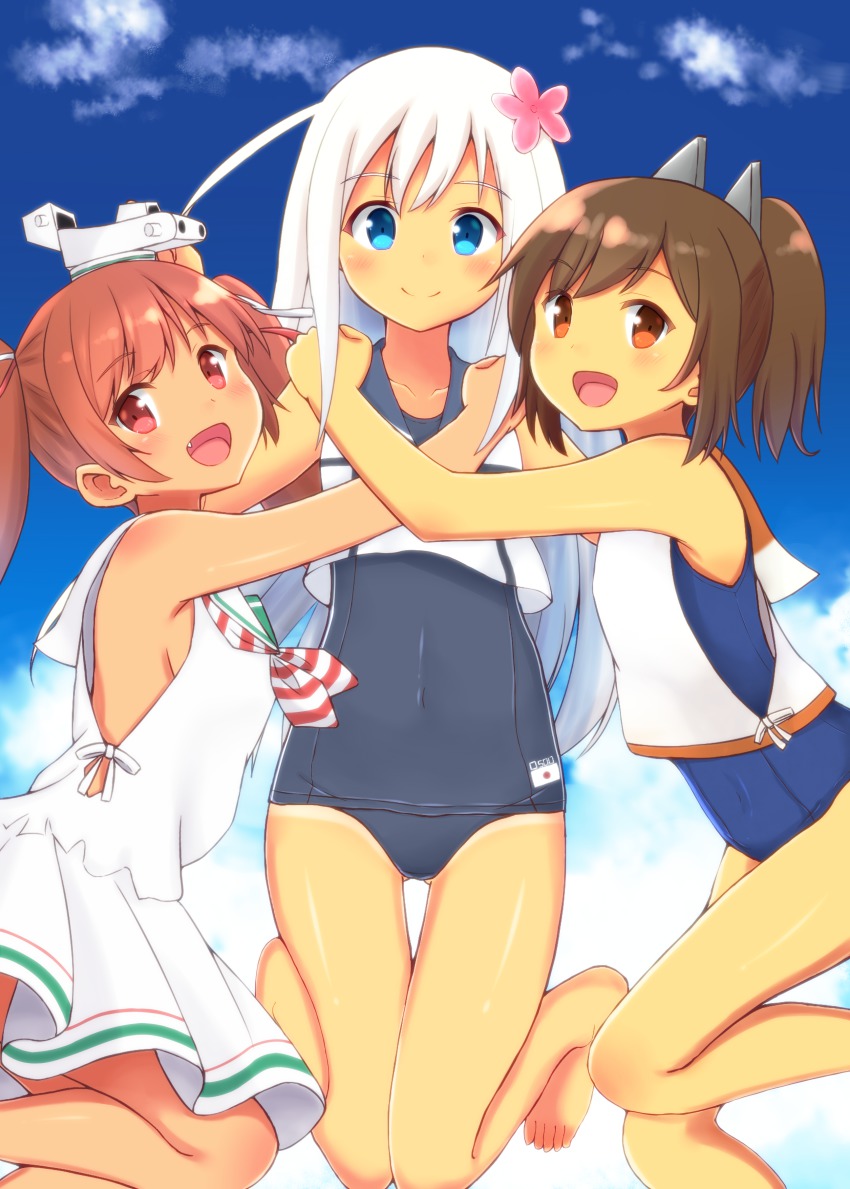 10s, 1girl, 3girls, :d, absurdres, bare_shoulders, barefoot, blue_eyes