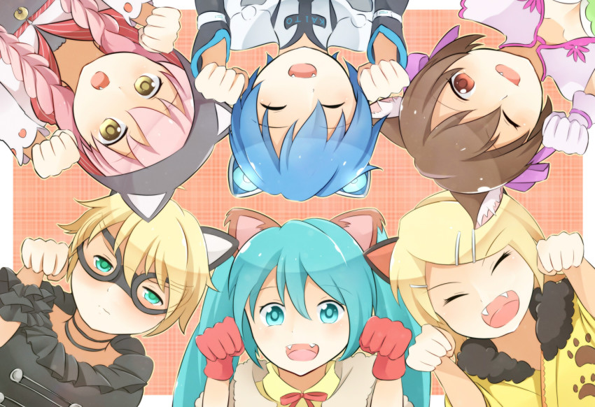 2boys, 4girls, ^_^, alternate_costume, alternate_hairstyle, animal_ears, animal_hood, aqua_eyes