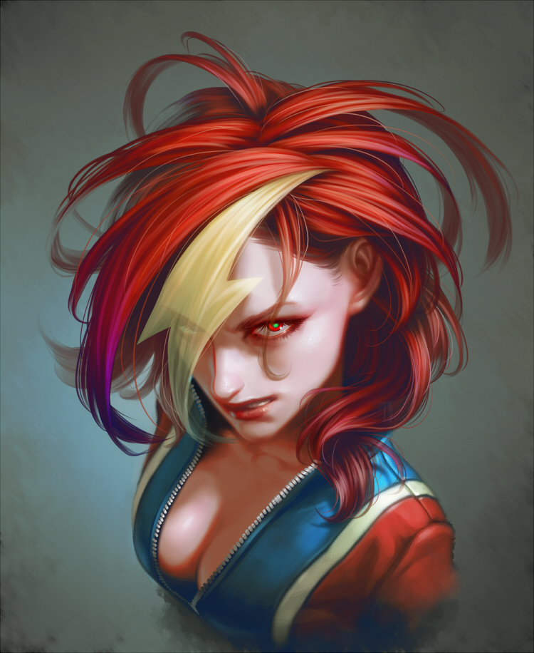 1girl, aikawa_jun, breasts, cleavage, clenched_teeth, downblouse, eyes_visible_through_hair, female_focus