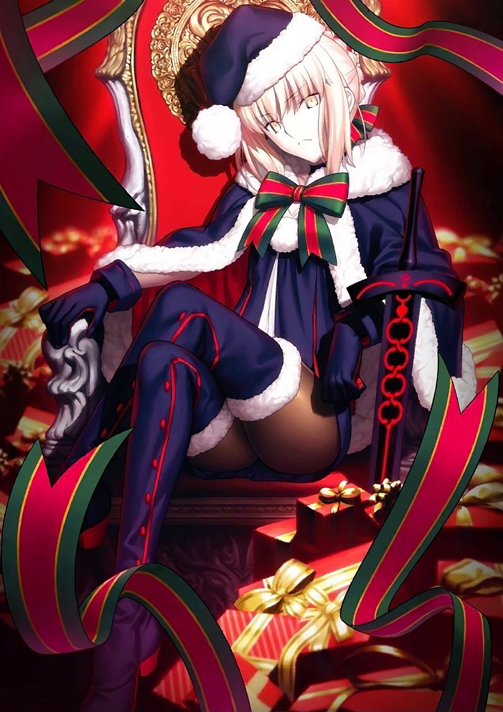1girl, artoria_pendragon_(fate), black_footwear, black_gloves, black_pantyhose, black_santa_costume, blonde_hair, boots