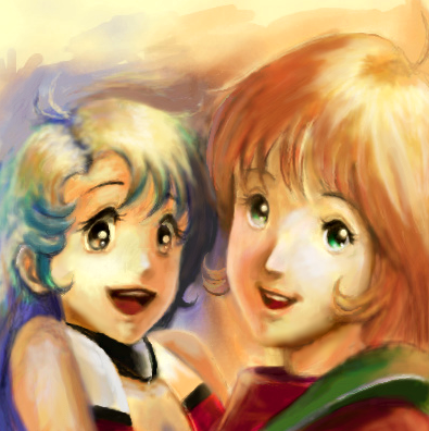 2girls, brown_eyes, brown_hair, choujikuu_seiki_orguss, green_eyes, kwht, lowres, mimsy_raas