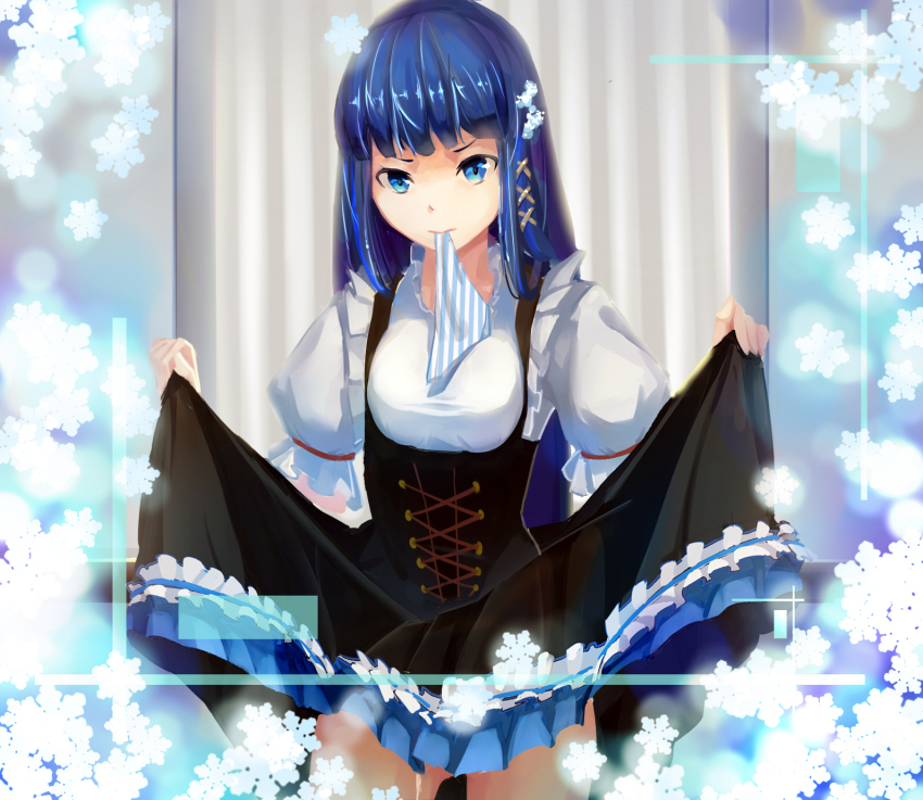10s, 1girl, blue_eyes, blue_hair, blue_panties, canzhajiang, clothes_lift, female_focus