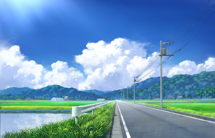 blue_sky, cloud, day, field, grass, green_house, guard_rail, hill, house, no_humans, original, outdoors, pavement, pei_(sumurai), pond, power_lines, road, rural, scenery, sky, street, sunlight, tree, utility_pole, vanishing_point, water