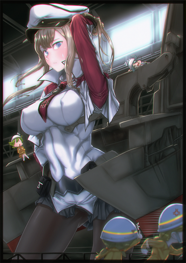 10s, 4n., 5girls, black_legwear, blonde_hair, blue_eyes, breasts, capelet