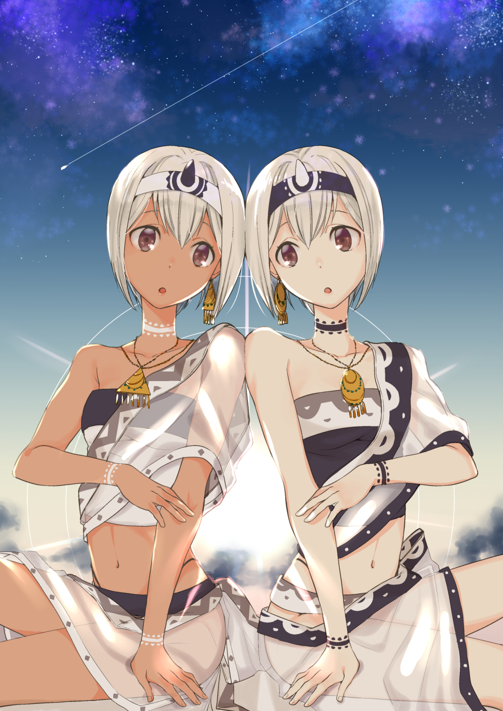 10s, 2girls, breasts, brown_eyes, dark_skin, dark-skinned_female, highres, looking_at_viewer, maodaisuke, multiple_girls, saraana, siblings, sisters, small_breasts, twins, uruuru, utawarerumono, utawarerumono:_itsuwari_no_kamen, white_hair