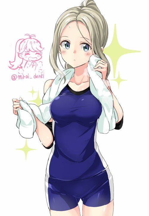 2girls, :o, bike_shorts, blonde_hair, blue_eyes, blush, breasts, chibi