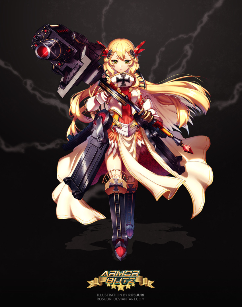 +_+, 1girl, armor, armor_blitz, armored_boots, artillery, artist_name, blonde_hair
