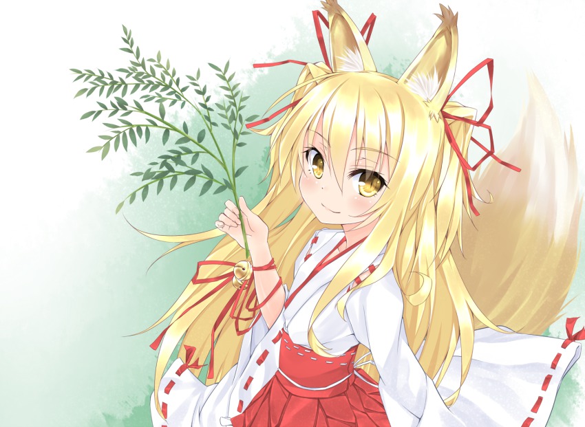 1girl, animal_ears, blonde_hair, female_focus, fox_ears, fox_tail, hair_ribbon, hakama