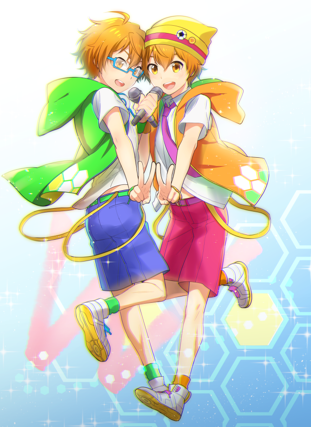 10s, 2boys, ahoge, aoi_kyosuke, aoi_yusuke, belt, blue-framed_eyewear, brothers, full_body, glasses, hat, hood, hoodie, idolmaster, idolmaster_side-m, kikuchi_mataha, male_focus, microphone, multiple_boys, necktie, open_mouth, orange_hair, short_hair, shorts, siblings, side_kkc, smile, sparkle, twins, v, yellow_eyes