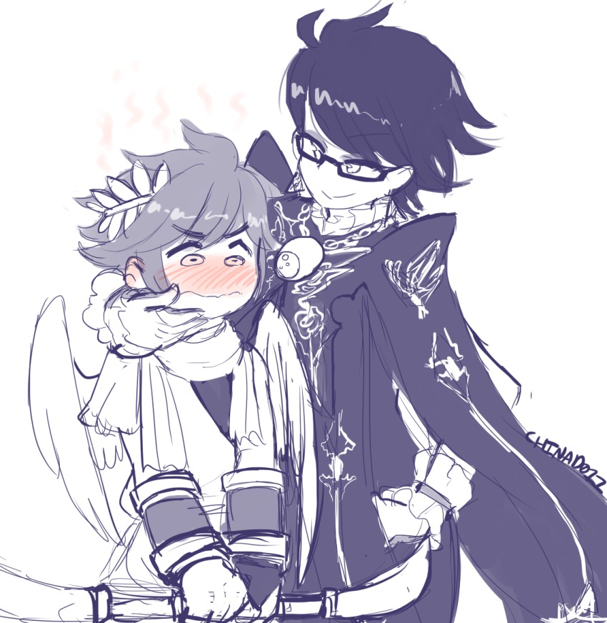 1boy, 1girl, bayonetta, bayonetta_(series), bayonetta_2, chinad011, glasses, kid_icarus, nintendo, pit_(kid_icarus), sketch, super_smash_bros.