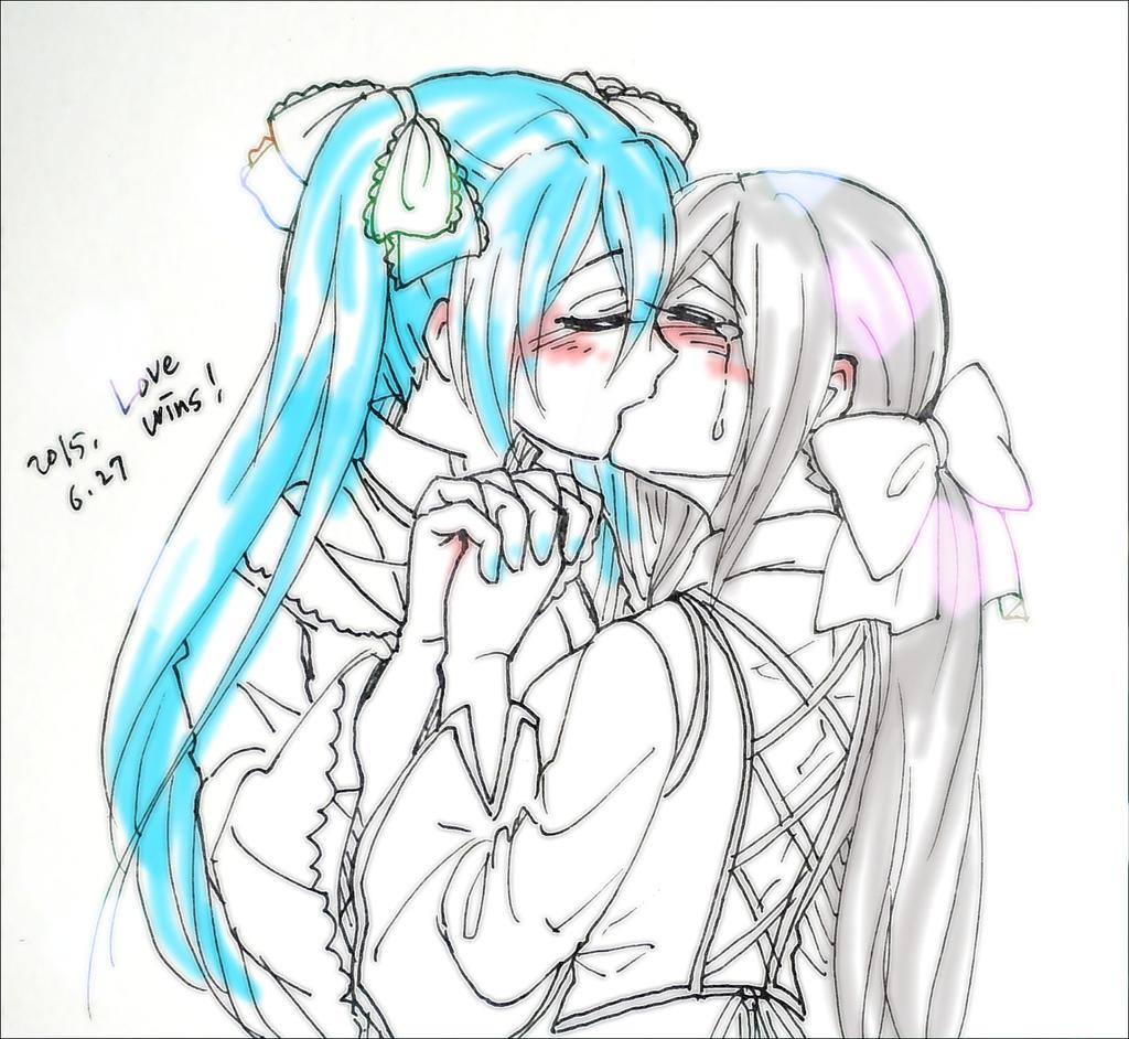 2girls, aqua_eyes, aqua_hair, aqua_nails, bow, clarith_(evillious_nendaiki), closed_eyes, couple