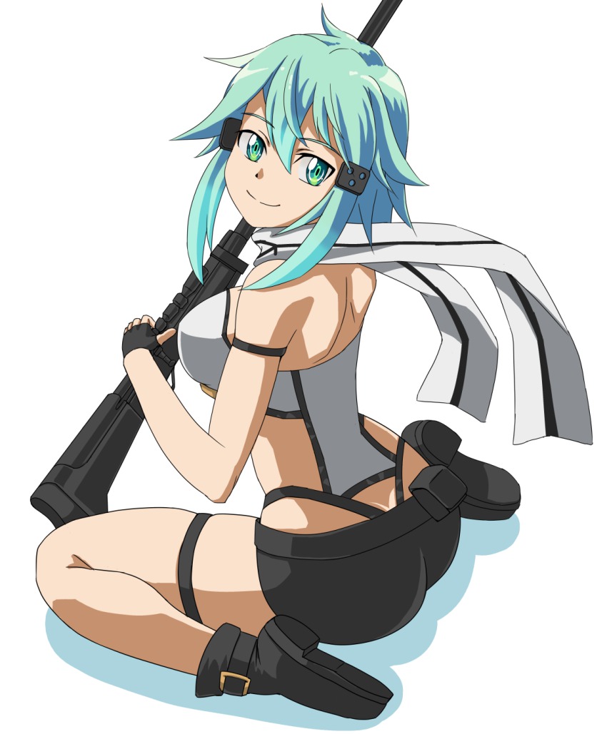 10s, 1girl, alternate_breast_size, anti-materiel_rifle, ass, bare_legs, bolt_action, breasts, butt_crack, female_focus, from_behind, green_eyes, green_hair, gun, highres, large_breasts, matching_hair/eyes, pgm_hecate_ii, ranobe-senka, rifle, sinon, sitting, skindentation, smile, sniper_rifle, solo, sword_art_online, thigh_strap, thighs, wariza, weapon