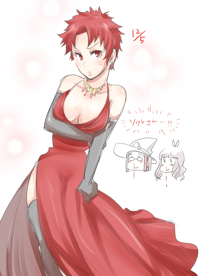 3girls, alternate_costume, black_legwear, blood, blush, breast_hold, breasts, cleavage