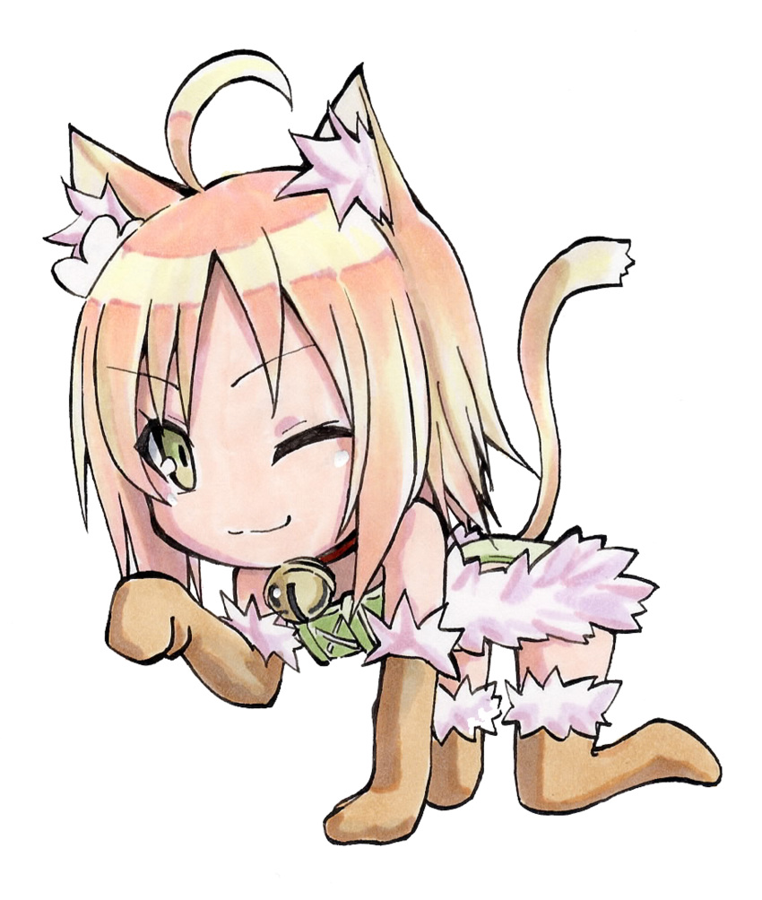 >;3, 1girl, ;3, absurdres, ahoge, all_fours, animal_ears, bandeau