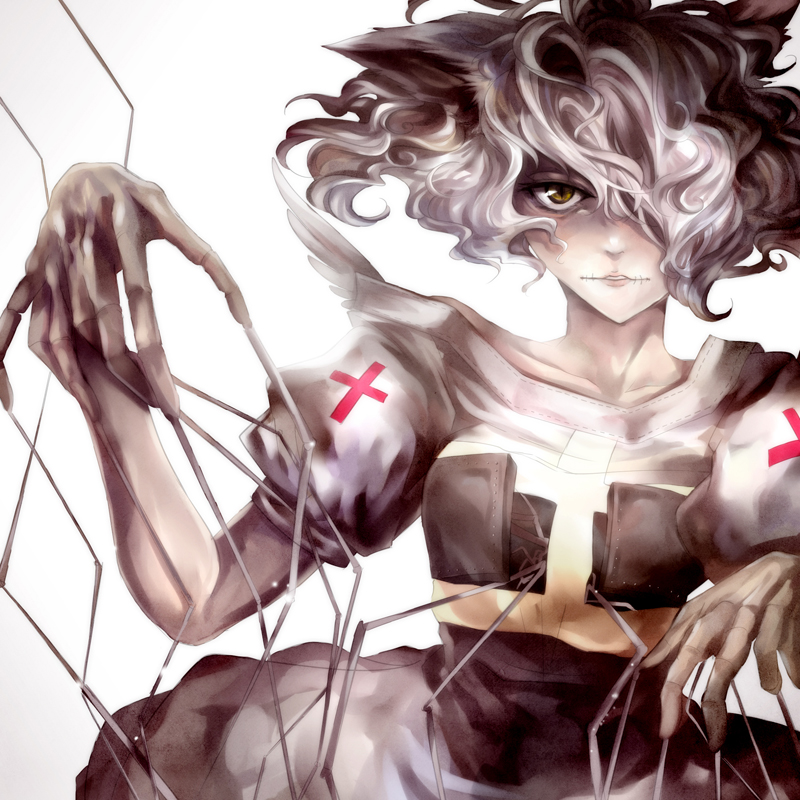 1girl, androgynous, animal_ears, cat_ears, curly_hair, doctor_blythe, dollyly21, dress, female_focus, fingernails, fusion, hair_over_one_eye, hunter_x_hunter, long_fingernails, looking_at_viewer, neferpitou, nurse, puffy_short_sleeves, puffy_sleeves, short_hair, short_sleeves, simple_background, slit_pupils, solo, stitched_mouth, stitches, upper_body, white_background, white_hair, wings, yellow_eyes