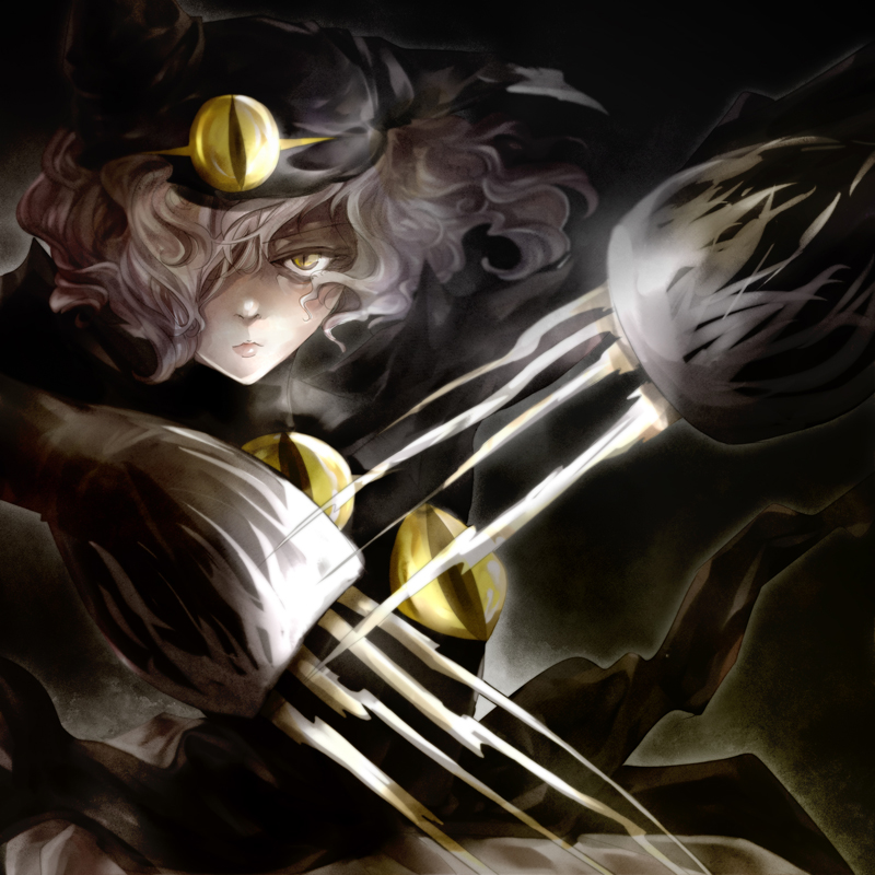 androgynous, animal_ears, black_background, cat_ears, claw_(weapon), curly_hair, dollyly21, fusion