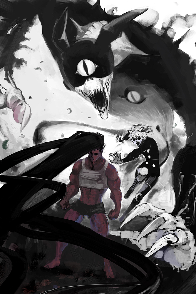 1boy, absurdly_long_hair, androgynous, animal_ears, barefoot, black_hair, black_sclera, cat_ears, cat_tail, claws, clenched_hands, colored_sclera, crop_top, crying, frown, gon-san, gon_freecss, hunter_x_hunter, legs_apart, long_hair, monochrome, muscular, neferpitou, open_mouth, short_hair, shorts, spoilers, standing, tail, tank_top, tears, teeth, terpsichora, torn_clothes, torn_shorts, very_long_hair, yoruniyoruyoshi