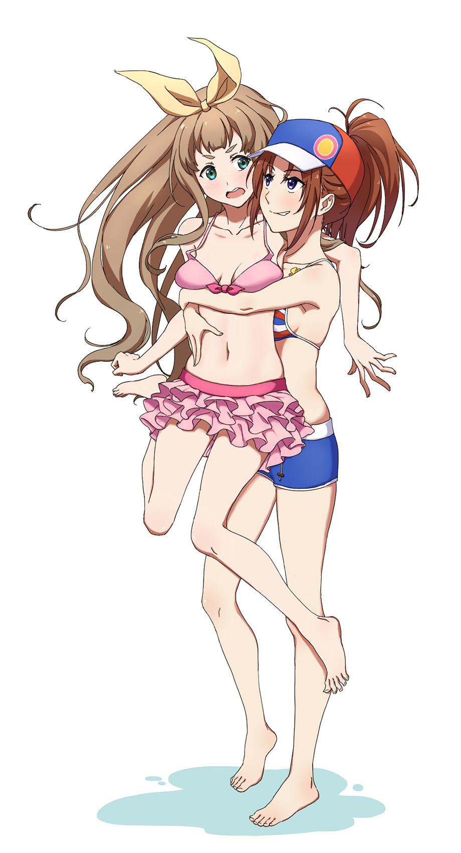 10s, 2girls, barefoot, baseball_cap, bikini, bikini_shorts, bikini_skirt, blush