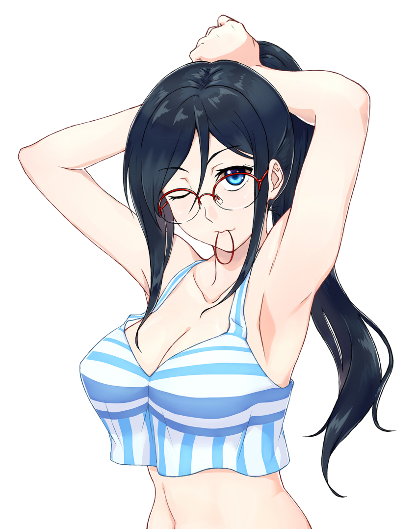 10s, 1girl, adjusting_hair, armpits, black_hair, blue_eyes, bra, breasts, crop_top, crop_top_overhang, female_focus, glasses, hibike!_euphonium, highres, large_breasts, long_hair, mouth_hold, red-framed_eyewear, sanada_(tony2035176), solo, striped_bra, striped_clothes, tanaka_asuka, tying_hair, underwear