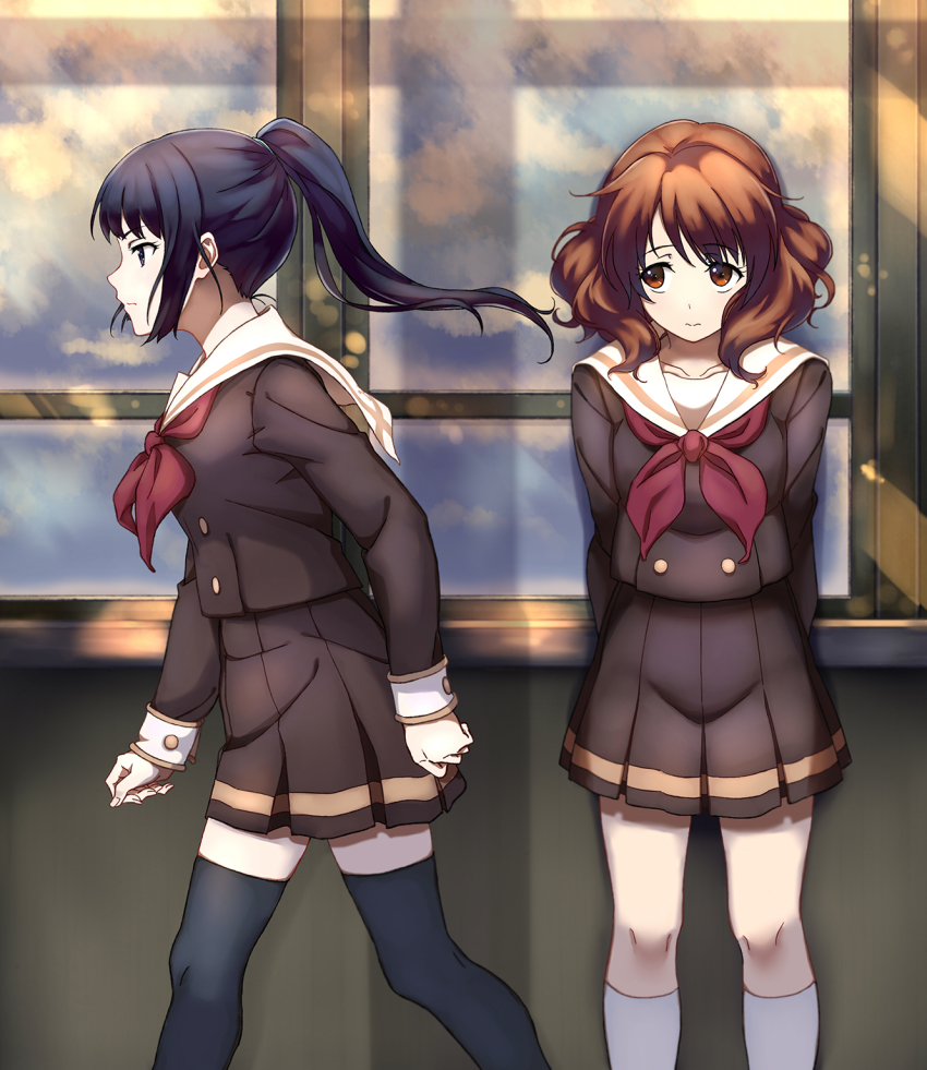 10s, 2girls, black_hair, blush, brown_eyes, brown_hair, hibike!_euphonium, highres