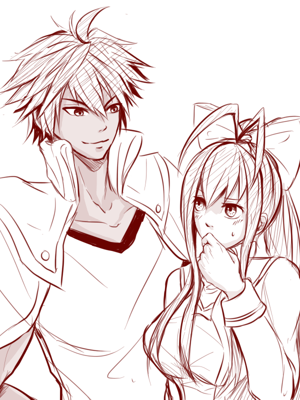 1boy, 1girl, ahoge, antenna_hair, blazblue, blazblue_remix_heart, blush, bow