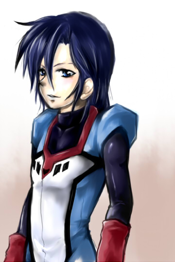 1boy, blue_eyes, blue_hair, bodysuit, choujikuu_seiki_orguss, gradient_background, kei_katsuragi, male_focus, matching_hair/eyes, namakonyuru, orguss, solo, white_background