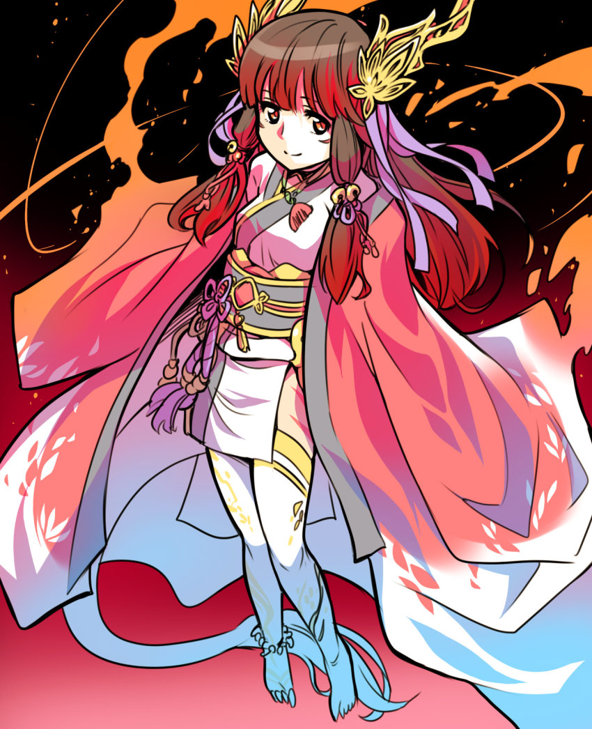 1girl, anklet, barefoot, bell, black_hair, claws, dragon_girl, dragon_tail