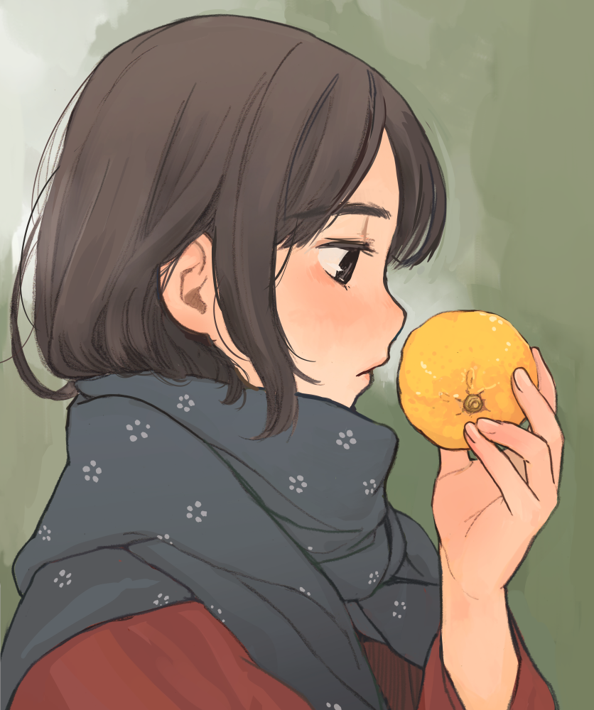1girl, akai_sashimi, black_eyes, black_hair, female_focus, food, fruit, holding
