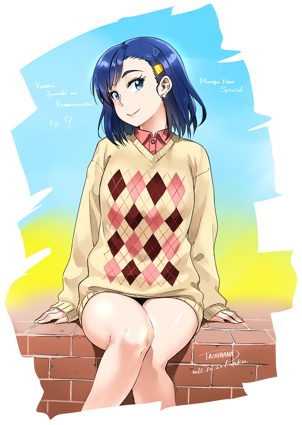 1girl, 2015, argyle_clothes, argyle_sweater, artist_name, asymmetrical_bangs, bare_legs, brick, collared_shirt, copyright_name, dated, earrings, english_text, female_focus, gradient_background, hair_ornament, hairclip, head_tilt, highres, ira_megumi, jewelry, kawaii_joushi_o_komarasetai, legs, lips, long_sleeves, purple_eyes, purple_hair, shirt, short_hair, signature, sitting, sky, sleeves_past_wrists, smile, solo, sweater, tachibana_roku, transparent_background