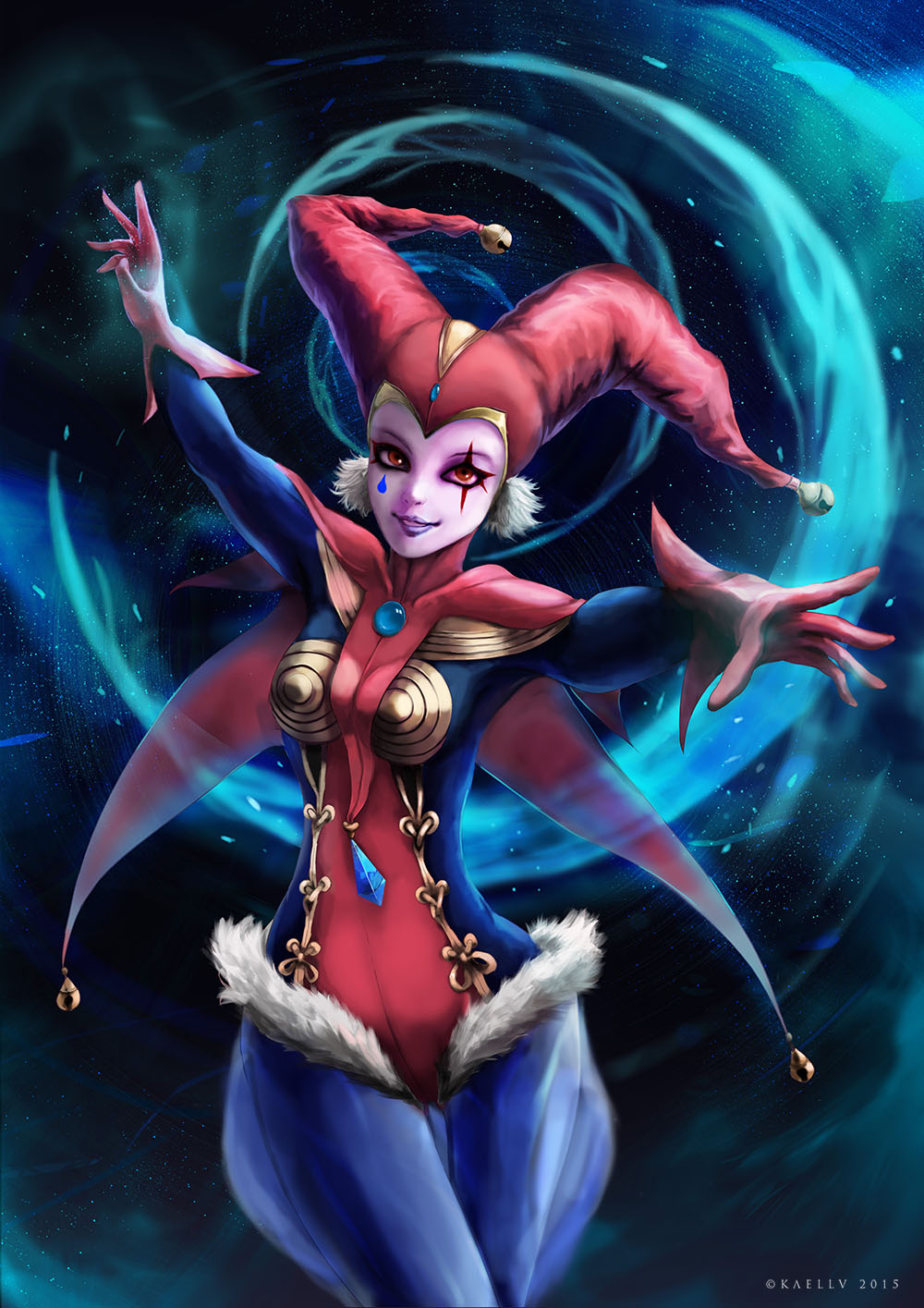 10s, 1girl, 2015, artist_name, bad_id, bad_pixiv_id, bell, bodysuit, cape, chrono_cross, facepaint, facial_mark, female_focus, fur_trim, gem, gloves, gradient_background, harem_pants, harle_(chrono_cross), hat, highres, hip_focus, jester, jester_cap, jewelry, jingle_bell, kaellv, leotard, lipstick, makeup, outstretched_arms, pale_skin, pants, purple_lips, red_eyes, red_gloves, red_leotard, solo, standing, star_(symbol), star_symbol_background, tattoo, teardrop, teardrop_tattoo, teeth