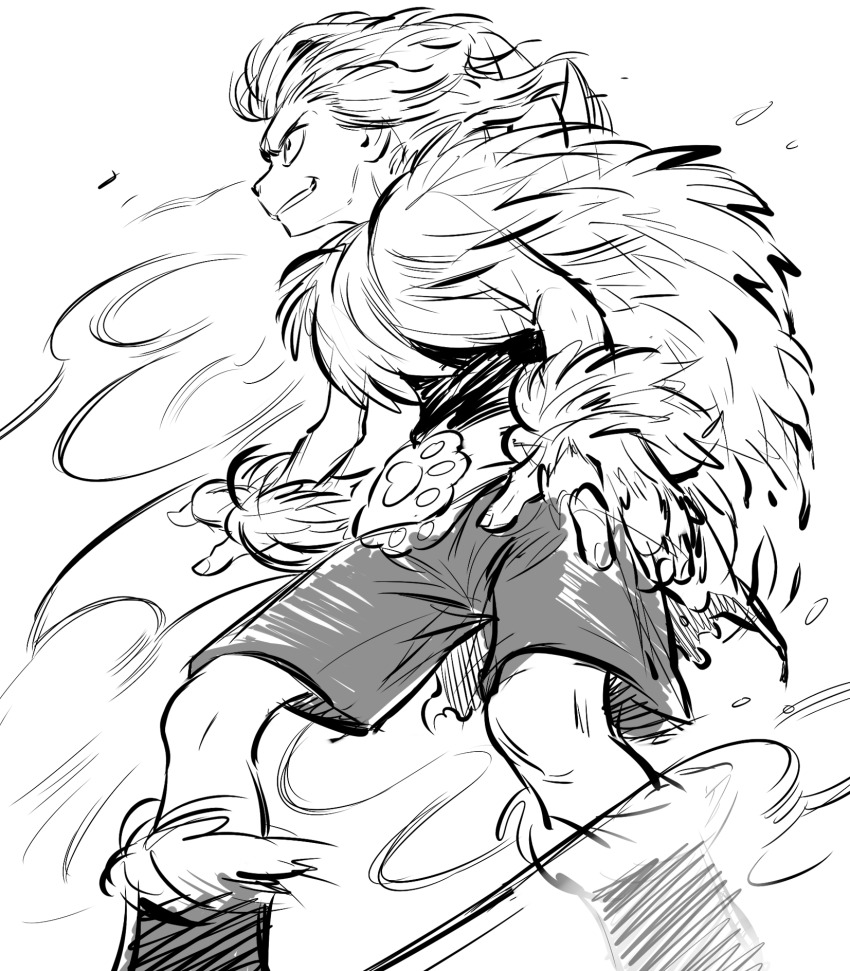 1boy, bad_id, bad_twitter_id, boots, dust, greyscale, grin, highres