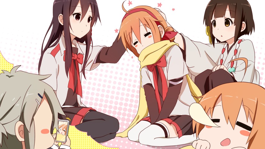 10s, 1boy, 3girls, black_hair, black_legwear, brown_eyes, cellphone, dreaming