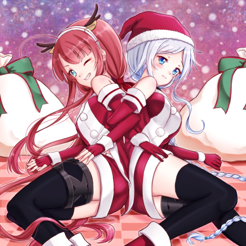 10s, 2girls, adapted_costume, antlers, bare_shoulders, black_legwear, blouse, blue_eyes